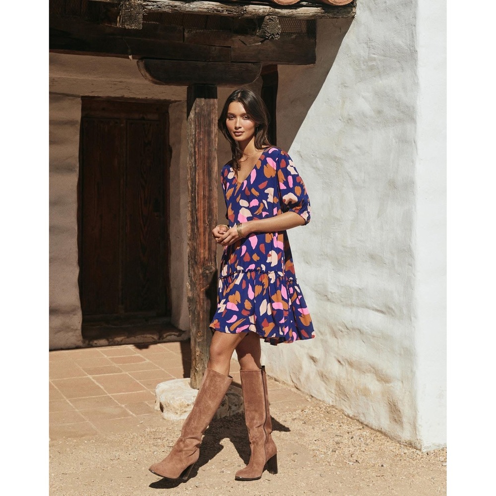 Mister Zimi Abstract Print Tiered Mini Dress Blue Pink Orange Size 4 Boho Summer